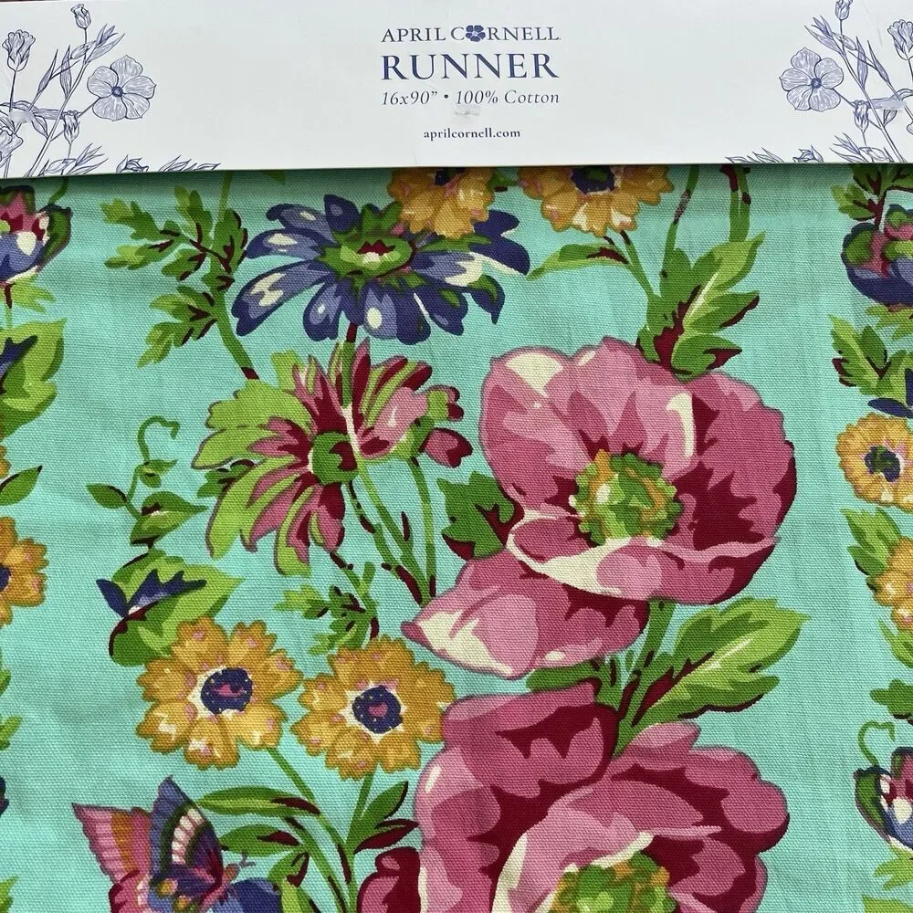 April Cornell Pennys Patio Table Runner Teal Pink Cotton 16x90 Butterfly Cottage